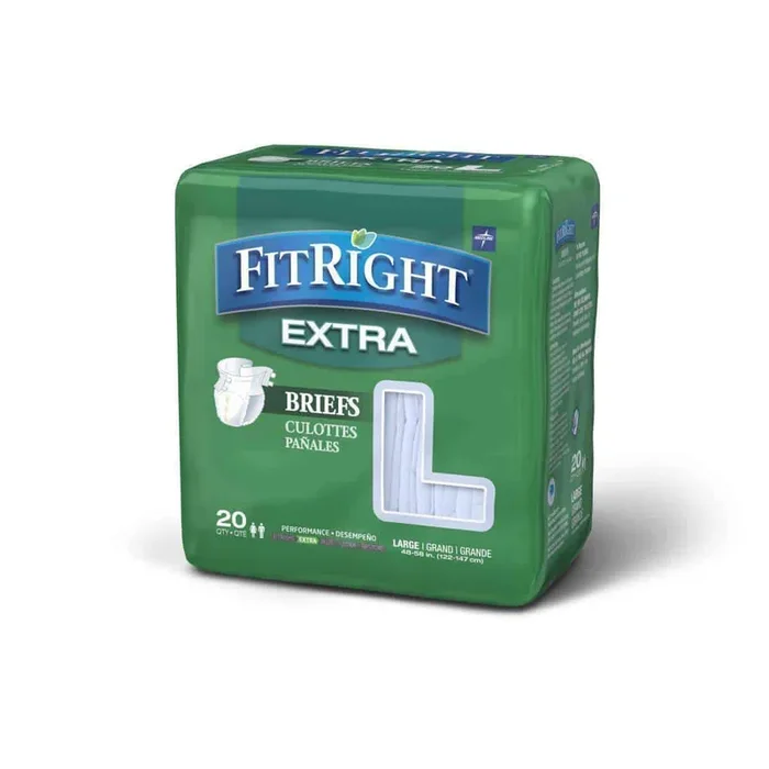 Medline FitRight Extra Adult Unisex Briefs with Tabs – Moderate Absorbency Case of 80