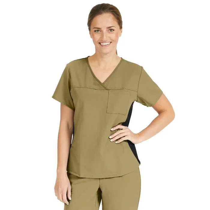Medline Michigan Ave Women Yoga Style Stretch Scrub Top With 1 Pocket – Khaki