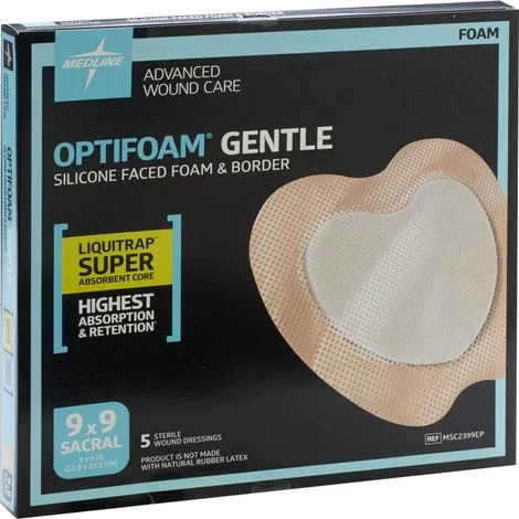 Medline Optifoam Gentle Sacrum Silicone Faced Foam and Border Dressing with Liquitrap Core
