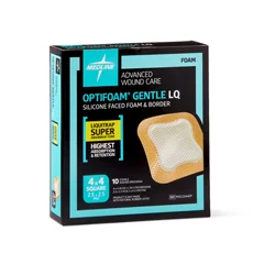Medline Optifoam Gentle Silicone-Faced Foam Dressing with Liquitrap Super Absorbent Core, 4 x 4, in Educational Packaging, 10 EA/BX