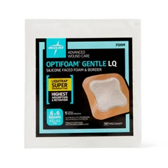 Medline Optifoam Gentle Silicone-Faced Foam Dressing with Liquitrap Super Absorbent Core, 6 x 6, in Educational Packaging, 1/EA