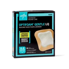 Medline Optifoam Gentle Silicone-Faced Foam Dressing with Liquitrap Super Absorbent Core, 6 x 6, in Educational Packaging, 10 EA/BX