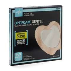 Medline Optifoam Gentle Silicone-Faced Foam Dressing with Liquitrap Super Absorbent Core, 9 x 9, Sacrum, in Educational Packaging, 1/EA