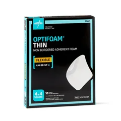 Medline Optifoam Thin Adhesive Foam Dressing, 4 x 4, in Educational Packaging, 10 EA/BX