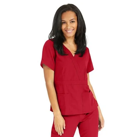 Medline Park Ave Womens Stretch Fabric Mock Wrap Scrub Top – Red