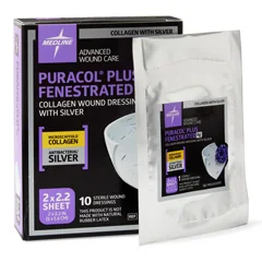 Medline Puracol Plus AG+ Collagen Wound Dressings with Silver, Fenestrated, 2 x 2, 10 EA/BX