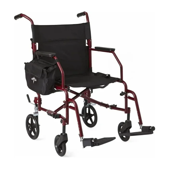 Medline Ultralight Steel Transport Chair with Removable Wheels – Red