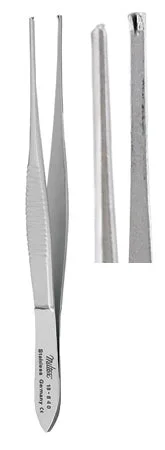 Miltex Miltex Tissue Forceps Strabismus 4 Inch OR Grade Stainless Steel (German) NonSterile NonLocking Thumb Handle Straight Serrated Tips w/1 X 2 Teeth – 18-840