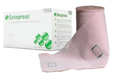 Molnlycke Setopress Compression Bandage 4 Inch X 4 Yard High Compression Safety Pin Closure White NonSterile – 3505