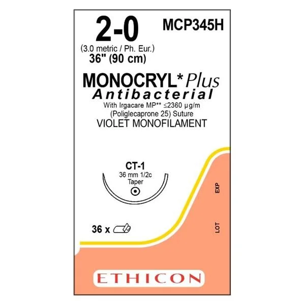 Monocryl Plus Suture 2-0 36″ Triclosan, Poliglecaprone 25 Mnflmnt CT-1 Vio 36/Bx