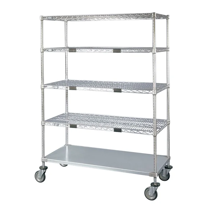 Nexel Wire Shelf Exchange Cart with 4 Wire Shelves & One Solid Shelf Wire Shelves, Standard Duty, 60″W x 69″H x 24″D, 139-lb. ship. wt. – 930612
