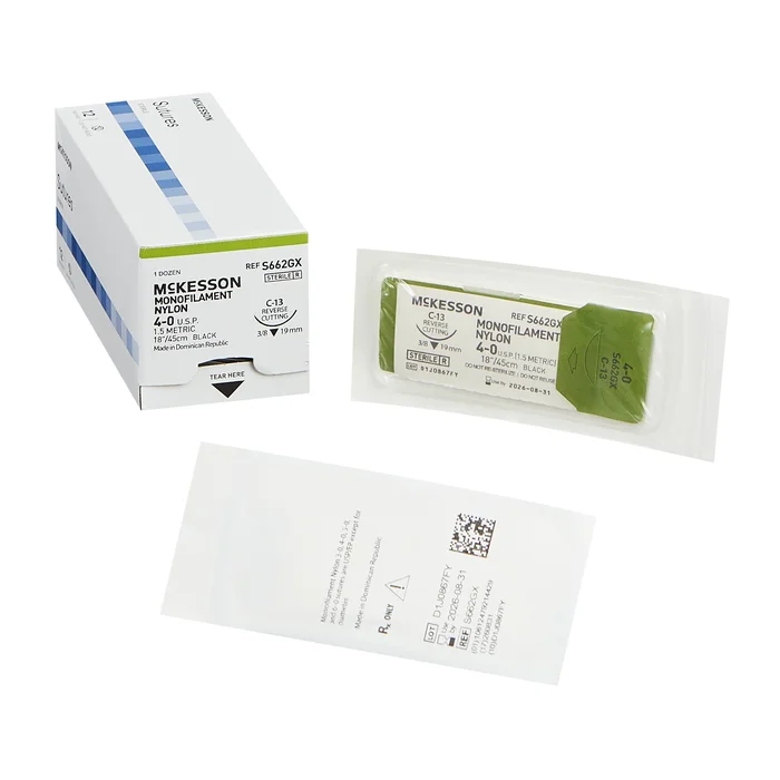 Nonabsorbable Suture with Needle McKesson Nylon C-13 3/8 Circle Reverse Cutting Needle Size 4 – 0 Monofilament