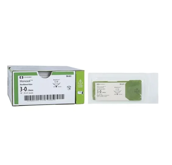 Nonabsorbable Suture with Needle Monosof~Dermalon Nylon C-13 3/8 Circle Reverse Cutting Needle Size 3 – 0 Monofilament, SN-653, BX/1