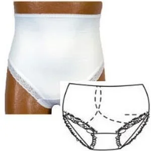 OPTIONS Ladies’ Brief with Open Crotch and Built-In Barrier/Support, White, Right-Side Stoma, X-Large 10, Hips 45″-47″