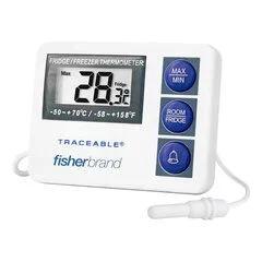 PANTek Technologies Digital Refrigerator / Freezer Thermometer with Alarm Fisherbrand™ Fahrenheit / Celsius -58° to +158°F (-50° to +70°C) External Probe Flip-out Stand / Wall Mount Battery Operated