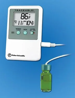 PANTek Technologies LLC Fisher Scientific Refrigerator / Freezer Thermometer Fahrenheit / Celsius -58° to +158°F (-50° to +70°C) Bottle Probe Wall / Door Mount Battery Operated – S66277