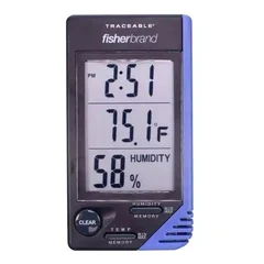 PANTek Technologies Thermometer / Clock / Humidity Monitor Fisherbrand Traceable Fahrenheit / Celsius 32-° to 122-°F (0-° to 50-°C) Internal Sensor Flip-out Stand / Wall Mount Battery Operated, 1/EA