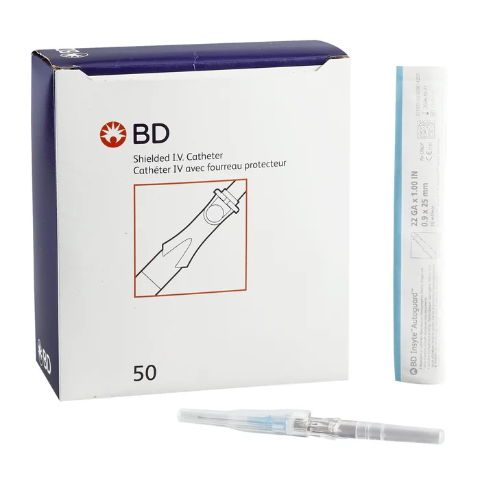 Peripheral IV Catheter Insyte Autoguard 22 Gauge 1 Inch BD Vialon Straight Hub Non Blood Control Push Button Safety