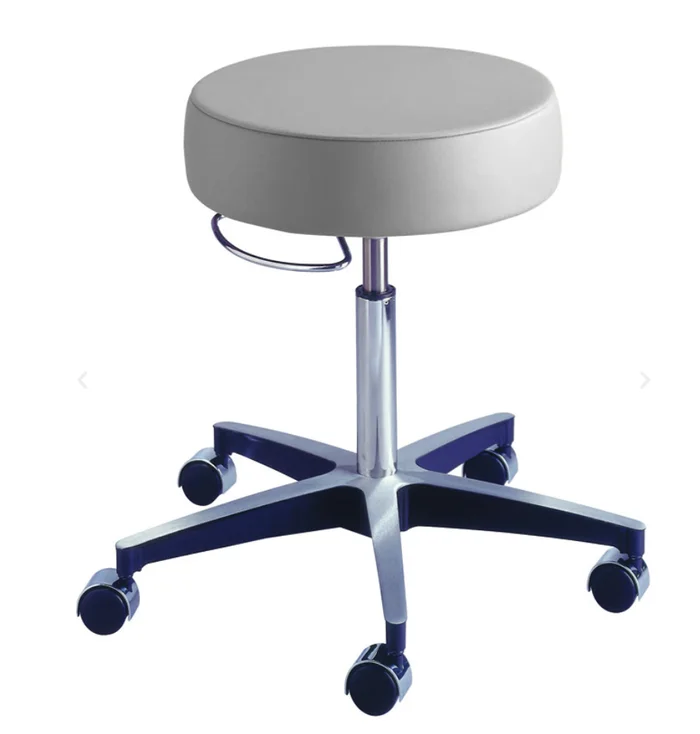 Pneumatic Aluminum Exam Stool with Brushed Aluminum Base and 16″ Wide Seat