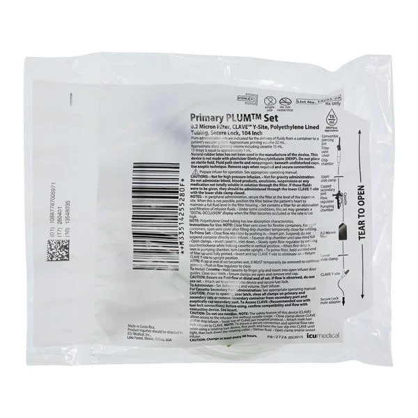 Primary Plumset, 0.2 Micron Filter, Clave Y-Site, Pe Lined Tubing, 104 Inch, 50/Cs