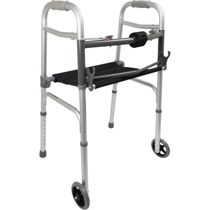 ProBasics Two Button Folding Walker with Wheels and Roll-Up Seat
