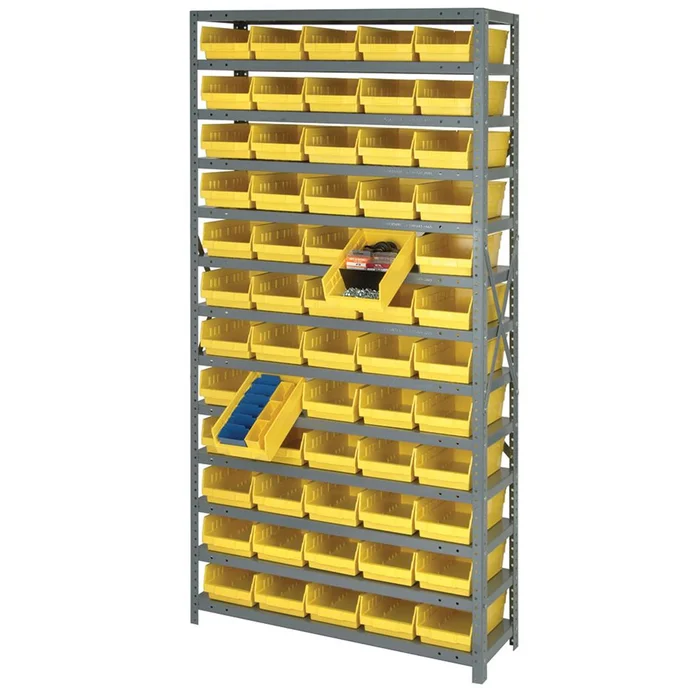 Quantum Complete Economical Bin and Shelving Packages Bin and Shelving Package, 144 Bins, 13 Shelves, 12″D x 75″H, Blue – 926939/BLUE/NA