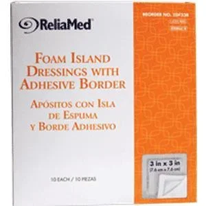 ReliaMed Sterile Latex-Free Foam Island Dressing with Adhesive Border 3″ x 3″ with 2″ x 2″ Pad