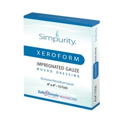 Safe N Simple Xeroform Petrolatum Impregnated Dressing Simpurity 4 X 4 Inch Mesh Gauze Antimicrobial Petrolatum Blend Sterile, 10/BX