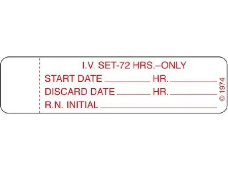 Shamrock Scientific Pre-Printed Label Instructional Label I.V. SET – 72 HRS. – ONLY / START DATE_____ HR._____ / DISCARD DATE_____ HR._____ / R.N. INITIAL_____ White 3/4 X 3 Inch – IV-4