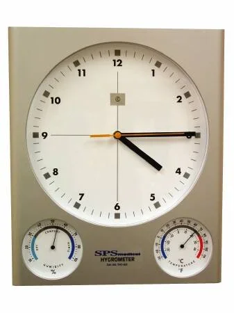 SPS Medical Supply Wall Mount Clock / Hygrometer One 8-1/2 Inch and Two 3 Inch 12 Hour Analog Display Battery Powered – THC-001