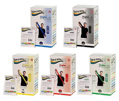 Sup-R Band, latex-free, 5 foot Singles, 30 piece dispenser, 5-piece set (1 each: yellow, red, green, blue, black) – 10-6378
