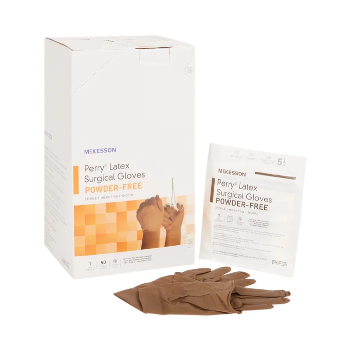 Surgical Glove McKesson Perry® Size 5.5 Sterile Latex Standard Cuff Length Smooth Brown Not Chemo Approved