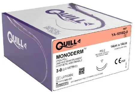 Surgical Specialties Quill Knotless Tissue-Closure Device, Monoderm Suture with Needle Absorbable Coated Undyed Suture Barbed Monofilament Polyglycolic Acid / PCL Size 3-0 14 X 14 cm Double-Armed 18 mm Length 3/8 Circle Diamond Point Needle – YA-1016Q-0