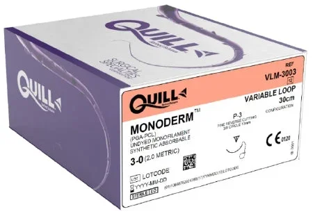 Surgical Specialties Quill Variable Loop Device, Monoderm Suture with Needle Absorbable Uncoated Undyed Suture Barbed Monofilament Polyglycolic Acid / PCL Size 3-0 30 cm Suture 1-Needle 13 mm Length 3/8 Circle Reverse Cutting Needle – VLM-3003