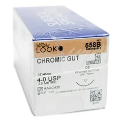 Surgical Specialties Suture with Needle LOOK® Absorbable Uncoated Undyed Suture Chromic Gut Size 4-0 18 Inch Suture 1-Needle 18 mm Length 3/8 Circle Reverse Cutting Needle, 12/BX