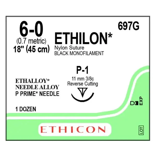 Suture 6-0 Nylon P-1 Ethilon Black 18″ Monofilament