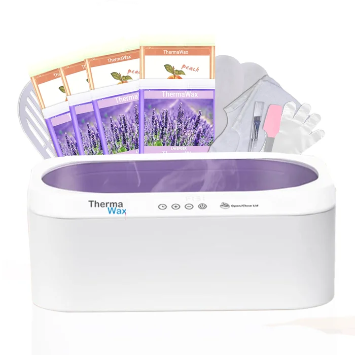 ThermaWax – Includes Base unit, 8 refills of wax (4 peach, 4 lavender), 1 pair cotton gloves, 1 pair cotton booties, PE gloves, PE botties, 1 brush, 1 spatula – TWKit