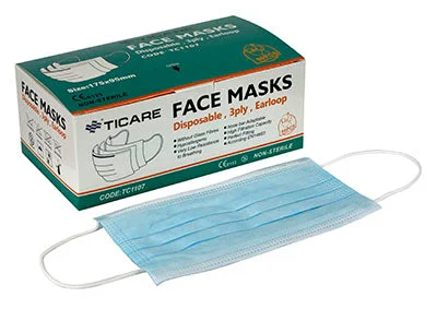 Ticare Face Masks, 3 ply disposable with ear loops, Box of 50 – 70-0664-50