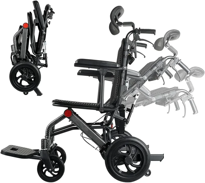 Ultra-Light Folding Transport Wheelchair with Hand Brake & Headrest – Perfect for Elderly Aircraft Travel Model MA49912C