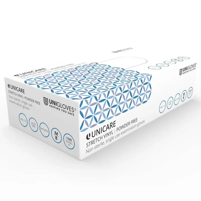Unicare Soft Stretch Vinyl Powder Free Box of 100 Gloves