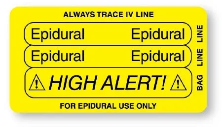 United Ad Label Pre-Printed Label Warning Label ALWAYS TRACE IV LINE Epidural Epidural Epidural Epidural HIGH ALERT! BAG LINE LINE FOR EPIDURAL USE ONLY Yellow 1-3/4 X 3-1/4 Inch – ULIV2101