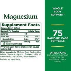 US Nutrition Dietary Supplement Nature’s Bounty® Magnesium 400 mg Strength Softgel 75 per Bottle - Image 2