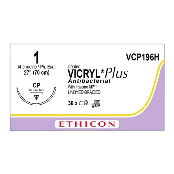 Vicryl Plus Suture 1 1-27″ Triclosan/Polyglactin 910 Braid CP Undyed 36/Bx