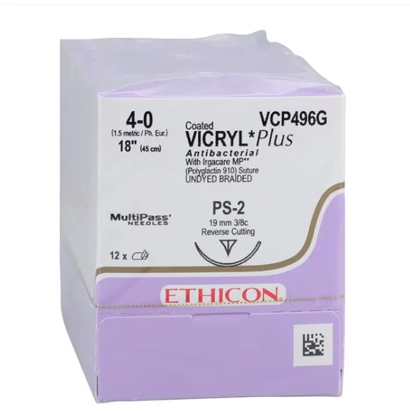 Vicryl Plus Suture 4-0 18″ Triclosan/Polyglactin 910 Braid PS-2 Undyed 12/Bx