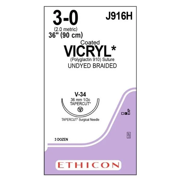 Vicryl Suture 3-0 36″ Polyglactin 910 Braid V-34 Undyed 36/Bx