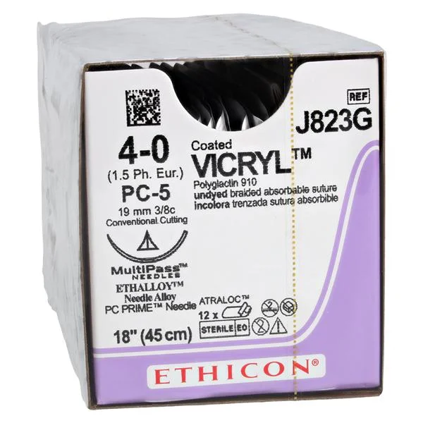 Vicryl Suture 4-0 1×18″ Polyglactin 910 Braid PC-5 Undyed 12/Bx
