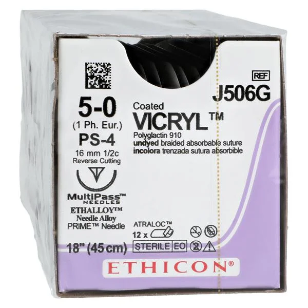 Vicryl Suture 5-0 18″ Polyglactin 910 Braid PS-4 Undyed 12/Bx