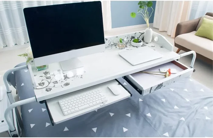 White Overbed Table with Wheels: Full/Queen/King Size Desk for Laptop, Work, and More – Over Bed Table Solution