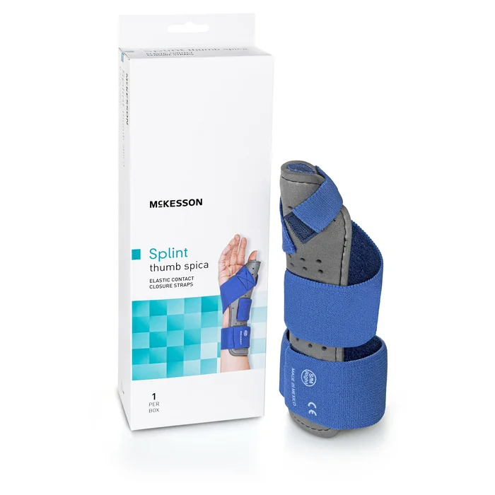 Wrist Brace with Thumb Spica McKesson Thumb Spica Nylon / Cotton-Terry / Foam / Elastic / Spandex Right Hand Blue / Gray Small / Medium