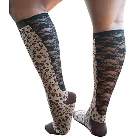 Xpandasox Plus Size Cotton Blend Leopard With Lace Knee Socks